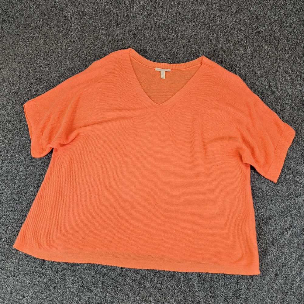 Eileen Fisher Minimalist Orange Linen V-Neck Short Sleeve Knit Large Resort Wear